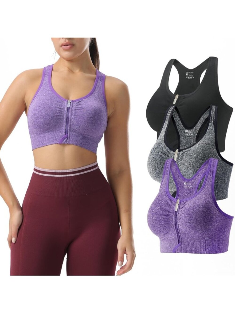 Medium Support Zip Front Racerback Sports Bra for Women - Comfortable & Stylish
